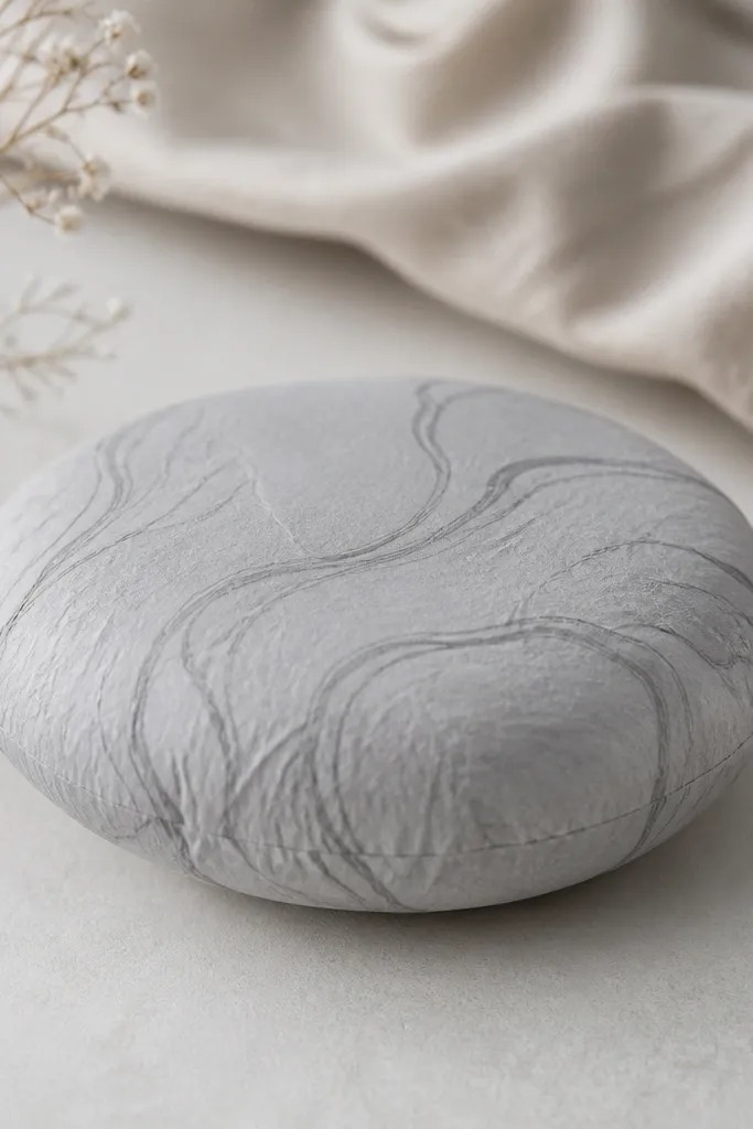 A soft pastel gray paper squishy with subtle marble veining. The veins are thin and slightly darker gray, flowing in gentle curves. The shape is rounded and minimal, with no extra symbols.