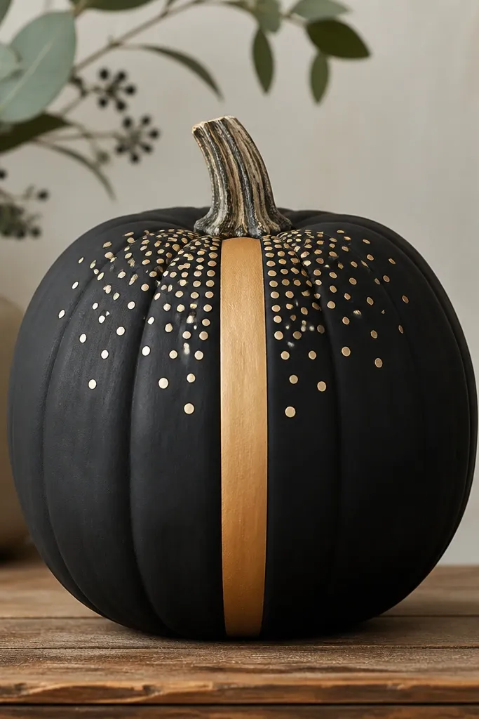 A medium orange pumpkin painted matte black with one crisp vertical stripe centered on the front. Around the stripe, warm white dots form a loose halo in a half-circle near the top third. The stem stays natural and the edges look tape-straight.