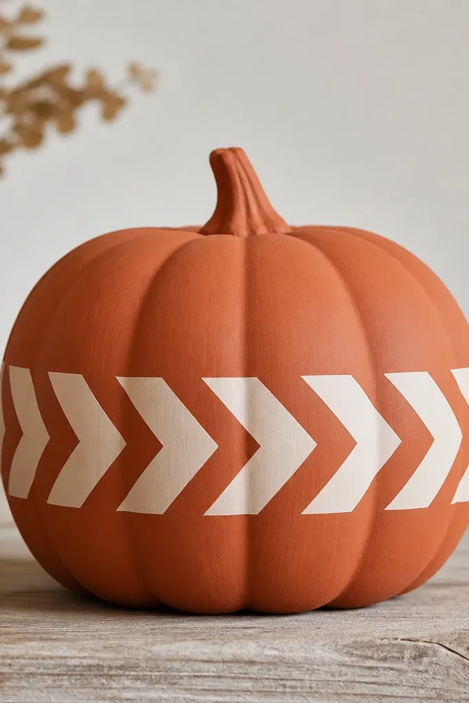 A pumpkin painted clay terracotta in a matte finish. Across the middle runs a cream chevron band made of clean V shapes aligned perfectly left to right. The chevrons have sharp edges and the stem is left orange.