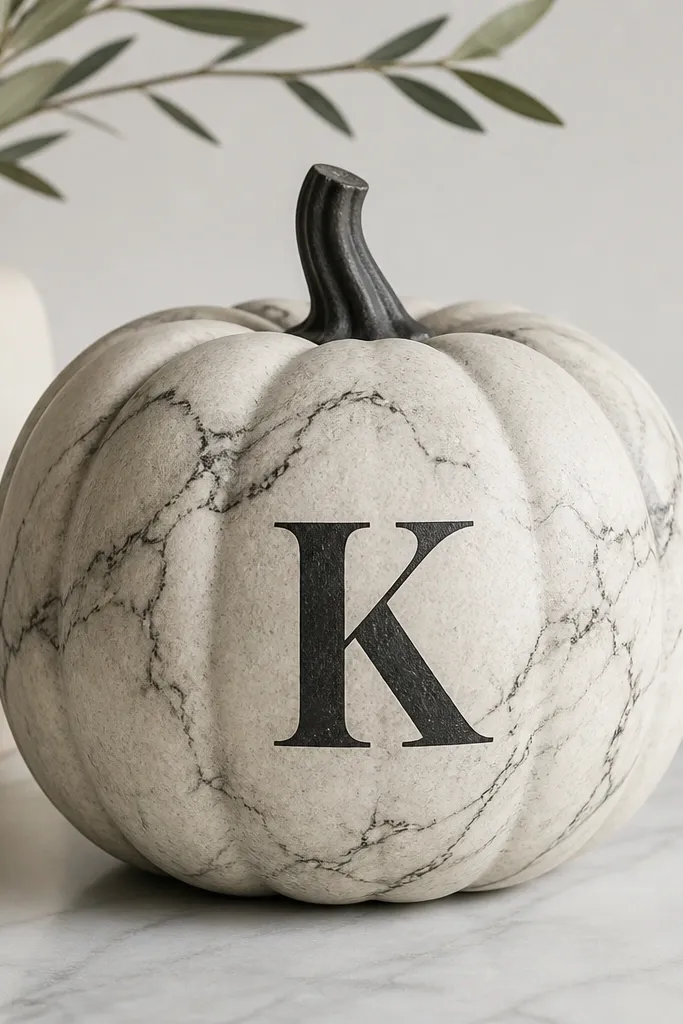 A pumpkin with a soft neutral marble pattern in off-white and light gray, with thin black veining. On the front, a single black block initial sits centered, like typography on a label. The overall finish is matte with subtle stone-like texture.