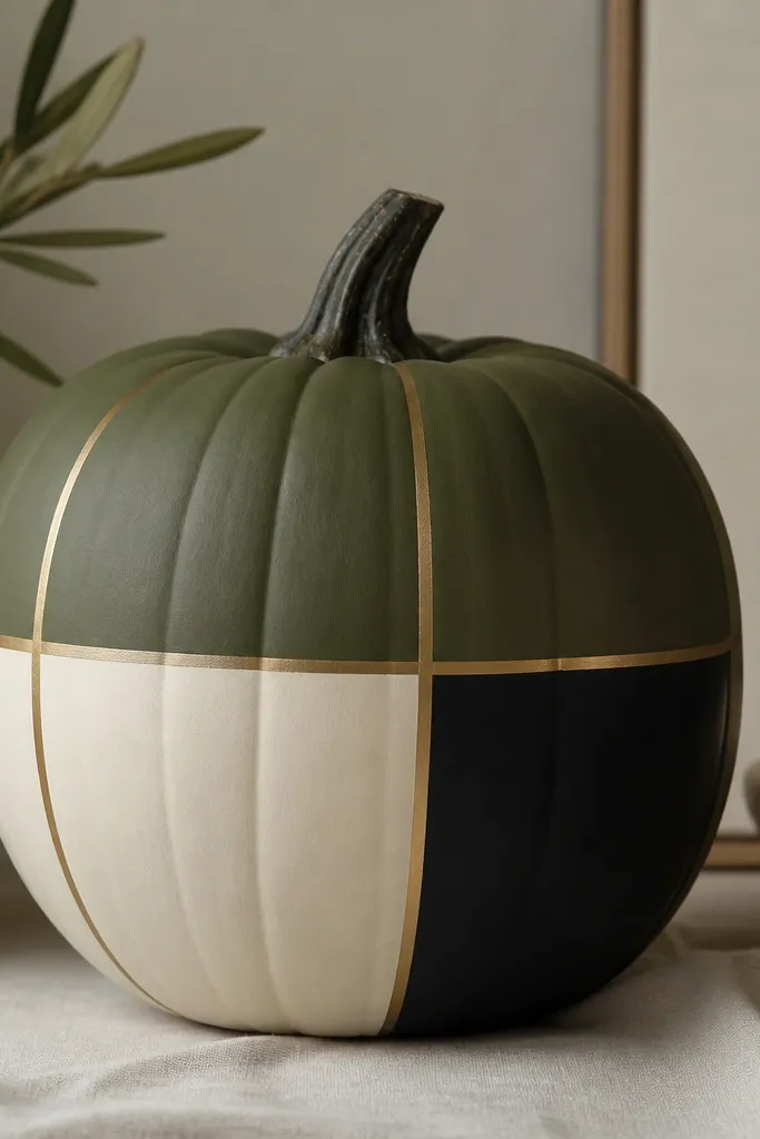 A pumpkin painted deep olive matte. Thin metallic brass tape forms a simple grid: two vertical and one horizontal line creating three geometric panels. Each panel has a solid color fill in muted cream and black, with very straight tape edges.
