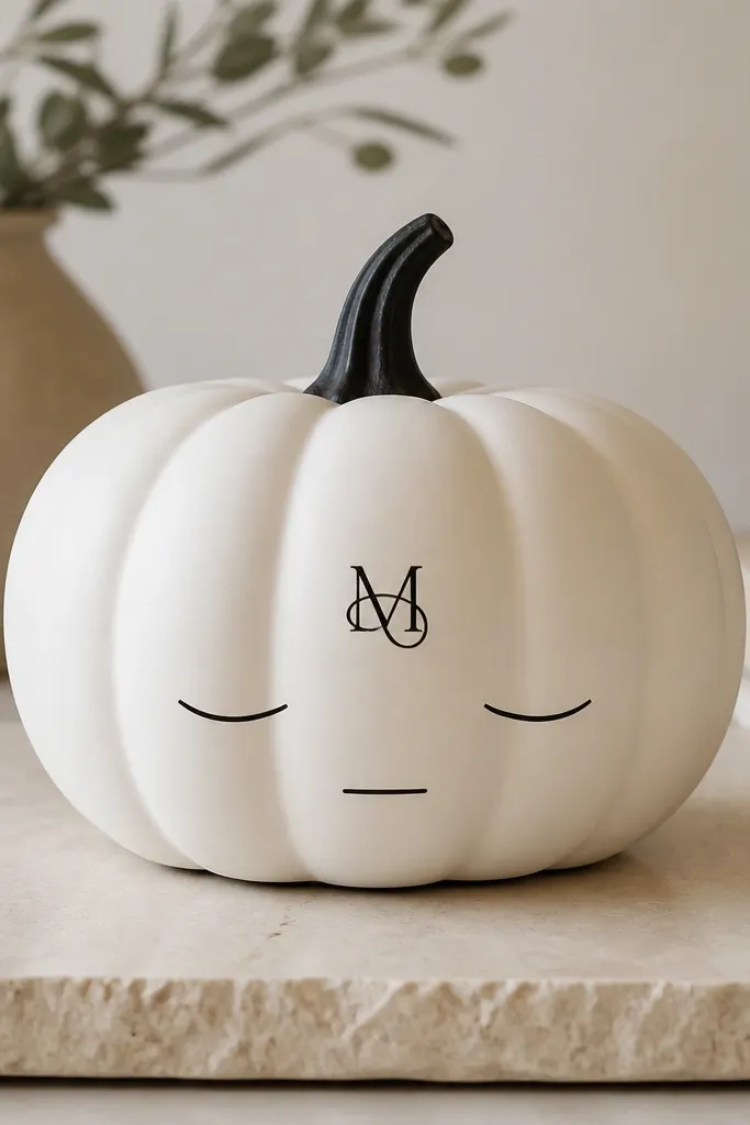 A matte white pumpkin with a small black monogram in the center. Below it, a minimal face drawn with one-line eyes and a thin straight-line mouth. The lines are crisp and the stem is painted black.