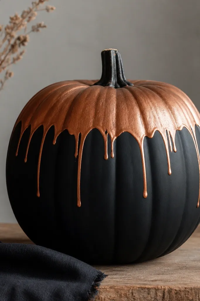 A pumpkin painted matte black with a copper metallic paint accent only on the upper third. From the top edge of the copper area, a few controlled drips fall down the pumpkin like paint, leaving most of the body black.
