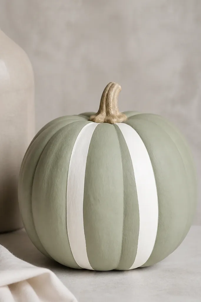 A sage green pumpkin with two white stripes running vertically. The stripes have sharp, taped edges, and the rest of the pumpkin stays sage matte. The stripes are slightly off-center for a modern asymmetry.