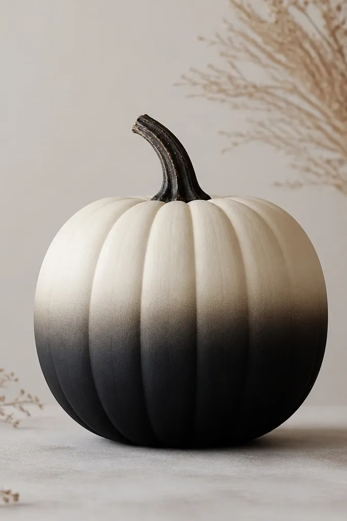 A pumpkin with a smooth ombre from black at the bottom to cream near the top. A straight horizontal line in the middle looks like a horizon, created by tape masking. The blend is clean and shows no brush streaks.