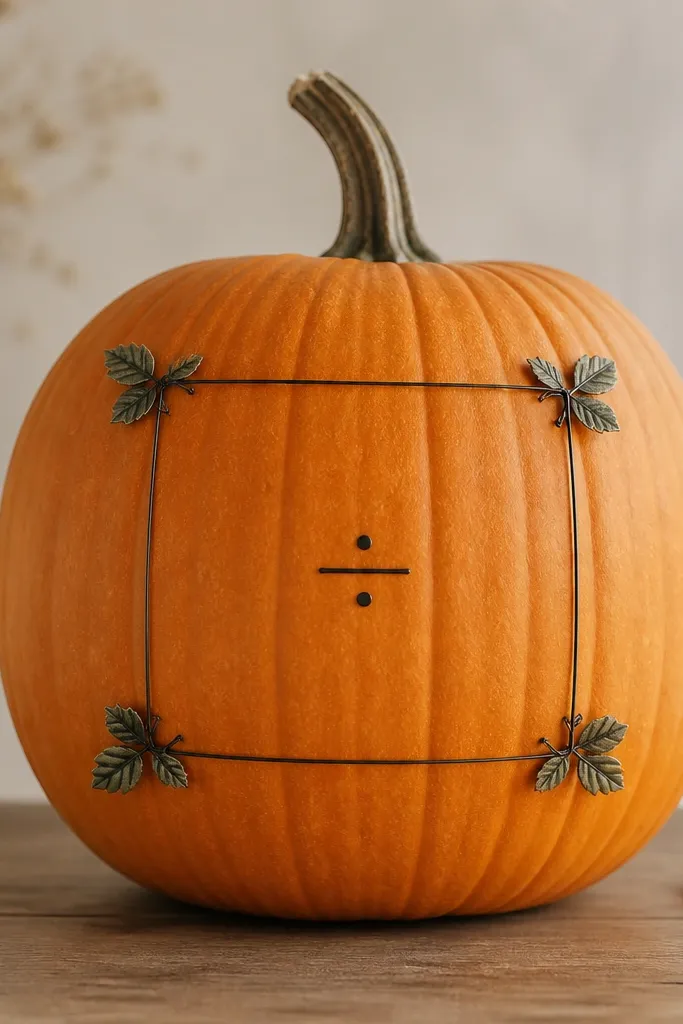 A natural orange pumpkin with a thin black wire outline forming a rectangle around the center. Inside the rectangle, a simple dot and line mark. Small faux leaves sit at the top and bottom corners of the wire frame.