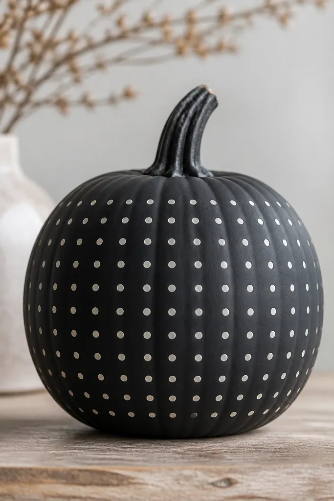 A pumpkin painted solid deep charcoal matte. A repeating pattern of small off-white dots covers the front in a neat grid. The dots are all the same size and spacing, giving a modern tech-like look.