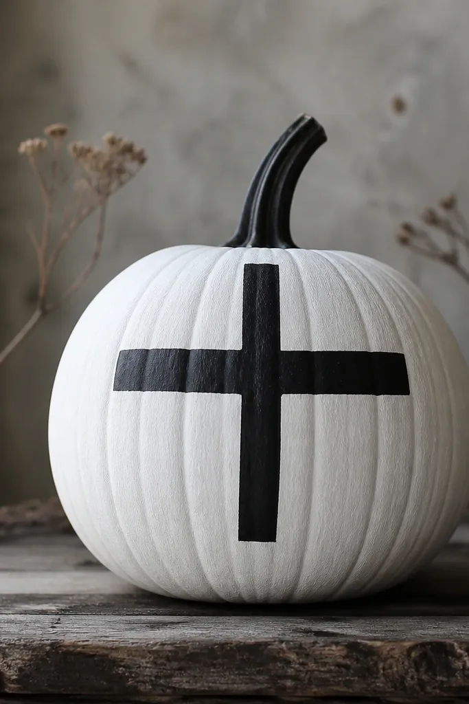 A matte white pumpkin with a single black painter's tape cross - one vertical strip and one horizontal strip - removed to leave clean black paint underneath. The cross sits slightly above center.