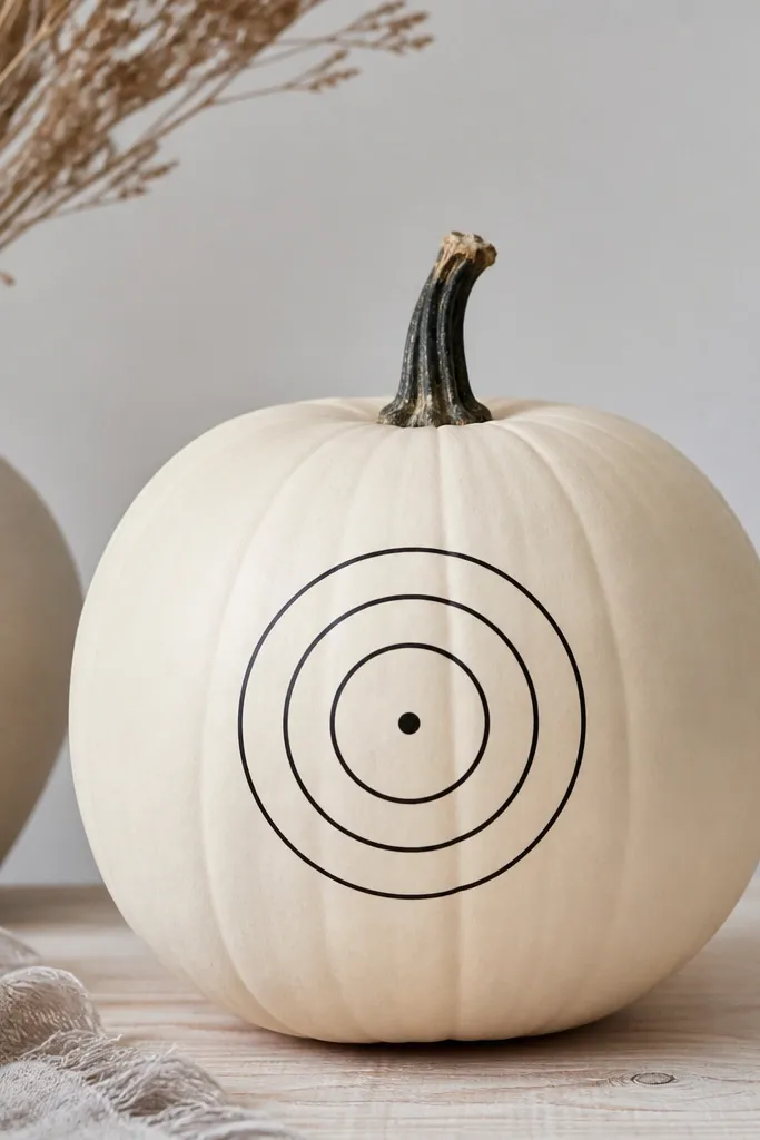 A cream painted pumpkin with three thin black concentric circles centered on the front. The circles are perfectly round and evenly spaced, with a small black dot in the center. The rest of the pumpkin is clean and unpatterned.