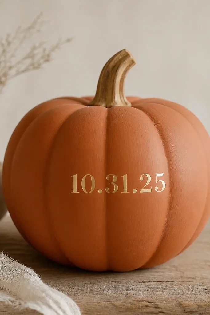 A matte terracotta pumpkin with a small set of metallic brass numbers centered on the front, like a date. The numbers look like vinyl decals, with clean edges and a slight shine. No other patterns are present.