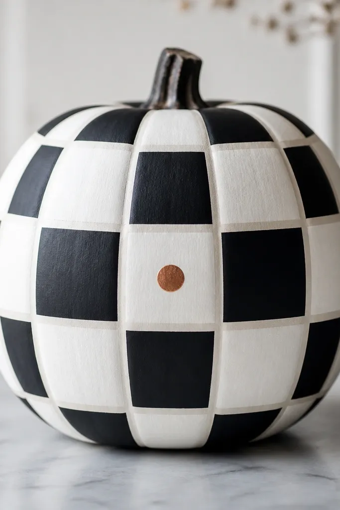 A pumpkin with a black-and-white grid pattern created by tape lines. Most squares are alternating black and white matte. In the center square, a single small accent dot is painted copper.