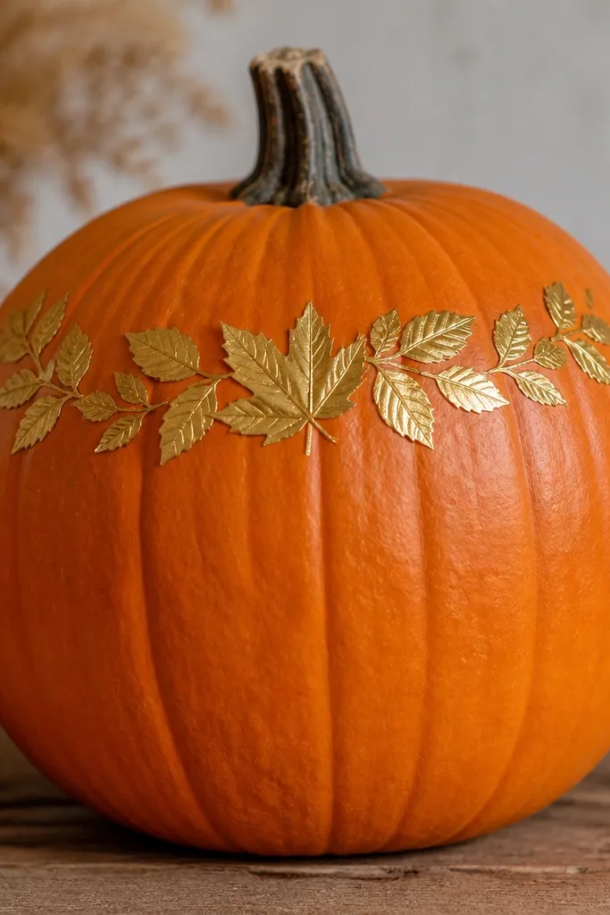 An orange pumpkin with a small cluster of satin gold leaf decals arranged in a gentle arc near the top third. The decals have realistic leaf shapes and tiny vein lines. No paint covers the pumpkin body.