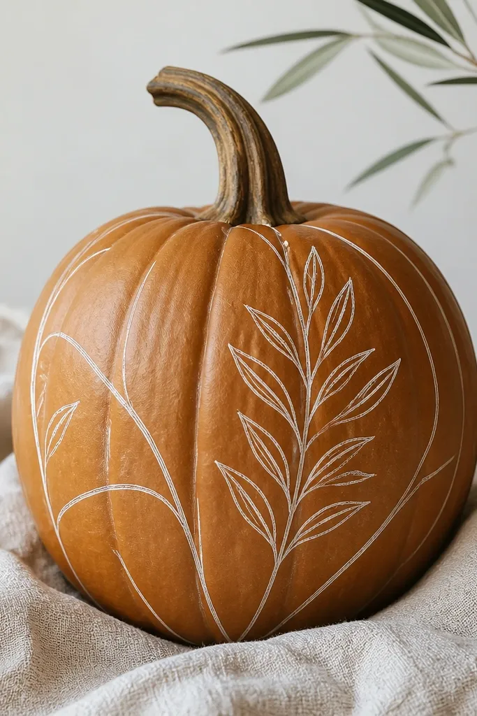 A pumpkin coated with a clear matte seal, then drawn with thin white paint pen lines forming a simple leaf sprig and a few curved stems. The lines look like etched frost on glass, subtle and precise.