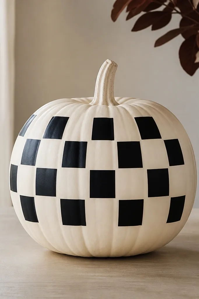 A matte cream pumpkin covered on the front with small black cutout squares arranged like a simple checker pattern. The squares look like applied vinyl or painted cut shapes with crisp edges. The stem is cream.