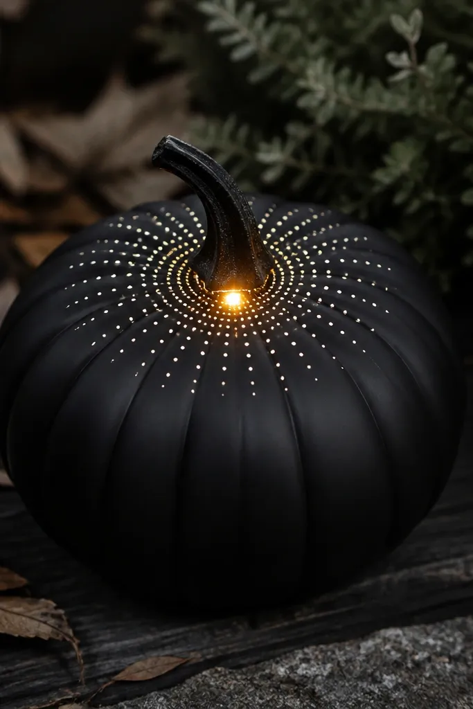 A matte black pumpkin with a small LED light centered near the top, and a ring of tiny white dots around it forming a halo. The dots look like painted points, and the LED glow is visible at night.
