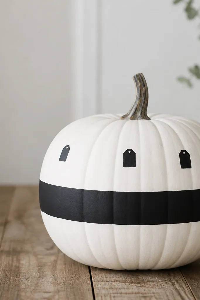 A pumpkin painted matte white with a single horizontal band of matte black across the middle. On the white area above the band, tiny black label shapes sit like tags. The overall design is clean with lots of negative space.