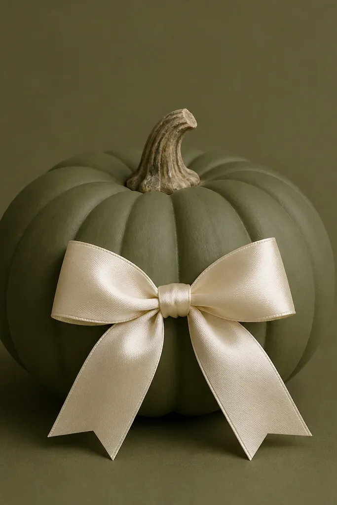 A matte olive pumpkin with a cream satin ribbon bow placed at the front center. The bow has two loops and two tails, and the ribbon sits neatly against the pumpkin. Everything else is plain olive, with a tidy edge around the bow base.