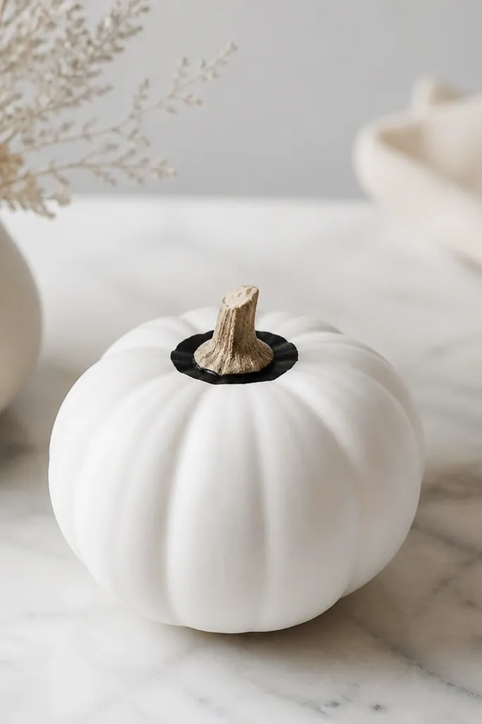A small white pumpkin painted matte white with a crisp black ring around the stem area, like a halo. The rest of the pumpkin is blank and clean, with a smooth, ceramic-like finish.