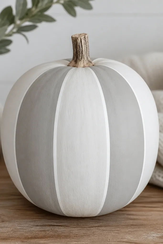 A medium pumpkin painted mostly matte white with three narrow vertical soft-gray panels separated by thin white gaps. The panels run from stem to base in straight lines.