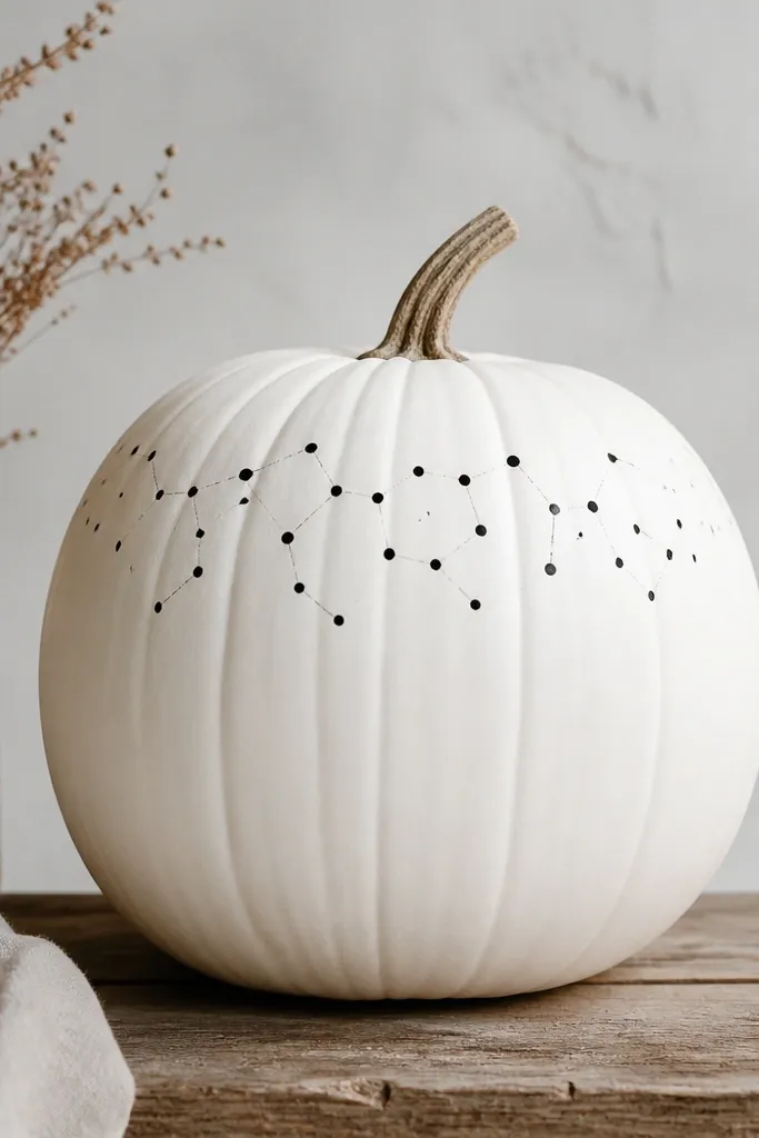 A white pumpkin with a cluster of small black dots arranged like a constellation near the upper third. The dots are evenly sized and spaced, with a few dots tapering toward the sides.
