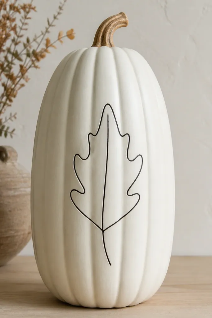 A tall white pumpkin with a single black leaf silhouette drawn like a continuous line on the front, with a simple center vein. No other markings.