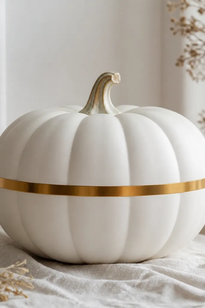 A white matte pumpkin with a single thin gold metallic band wrapping around the middle. The band is straight and even, with a clean edge line on both top and bottom.