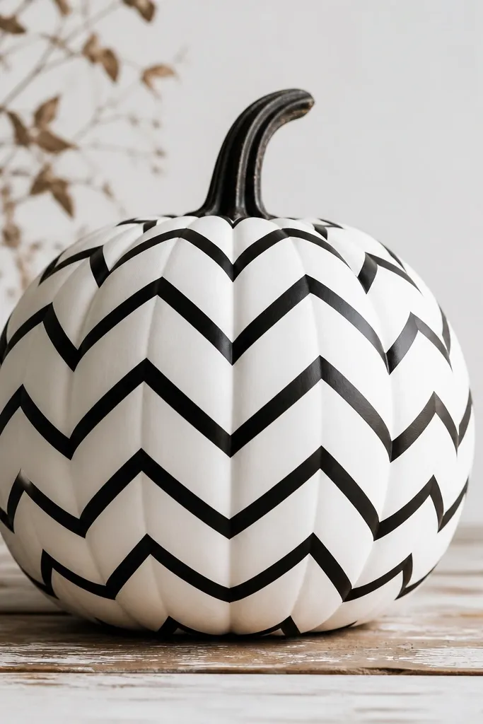 A white pumpkin with crisp black chevron stripes stacked in repeating V shapes. The chevrons are evenly spaced and aligned from the stem down.