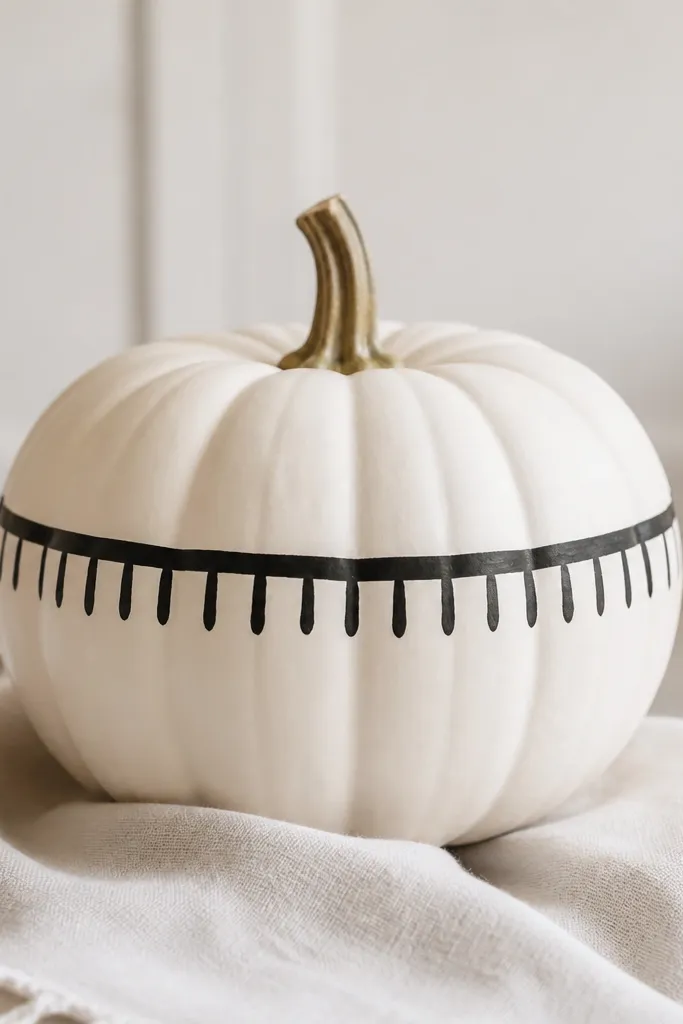 A white pumpkin with one black horizontal band across the middle, and small evenly spaced black dashes hanging from the band like a minimal fringe.