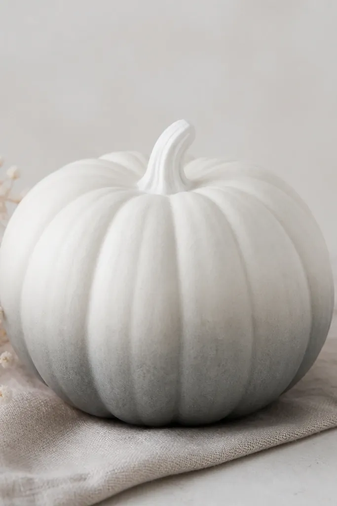 A white pumpkin that gradually transitions to soft gray near the bottom, with a smooth fade and no harsh lines. The stem area is pure white.