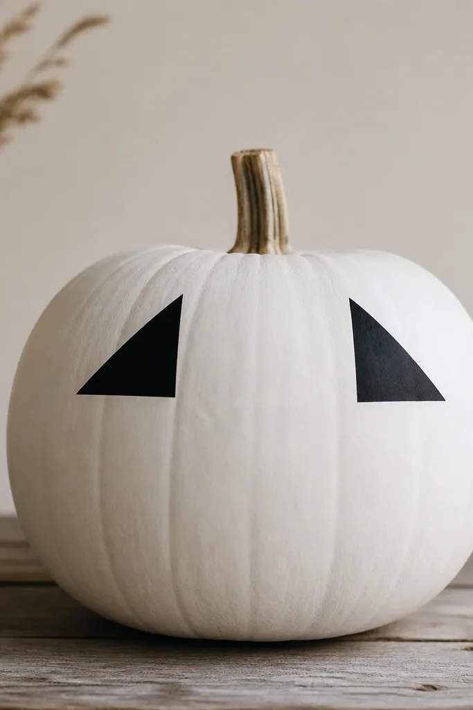 A matte white pumpkin with two black triangles in opposite corners at the front, like a simple geometric design. The triangles have crisp edges and sit near the upper third.