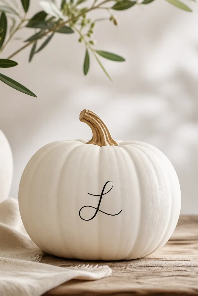 A matte white pumpkin with a small black monogram letter painted on the side near the widest point. The letter is thin and centered, with clean curves.