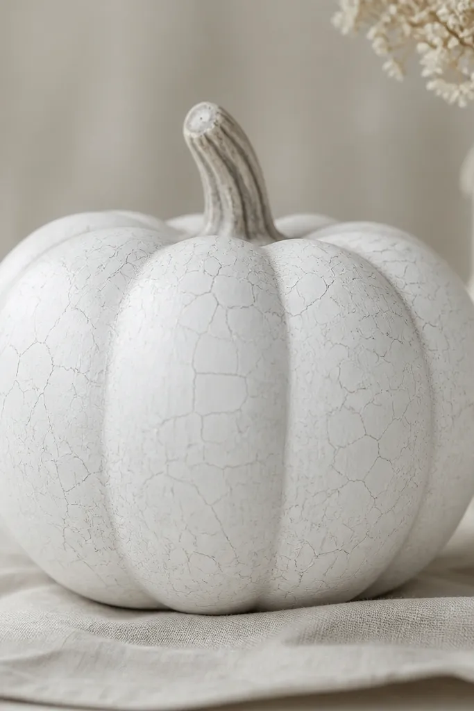 A white pumpkin painted matte white with thin gray crackle lines spread across the surface like aged porcelain. The crackle is subtle, not dark.