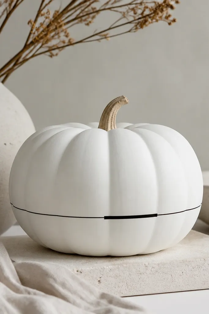 A matte white pumpkin with a thin black border line running around the bottom third. The line is straight and crisp, with a slightly thicker segment on the front.