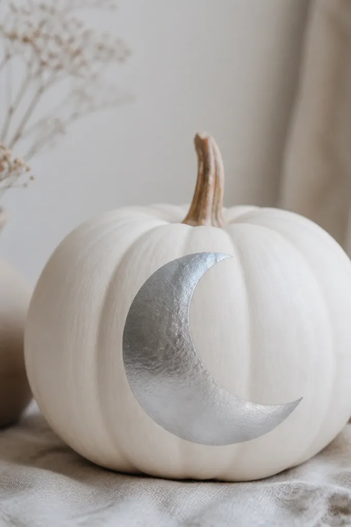 A white pumpkin with a metallic silver half-moon painted on the front, like a crescent shape. The silver catches light and looks smooth.