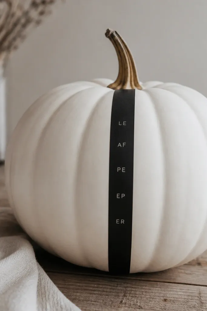 A matte white pumpkin with a narrow black vertical strip on the front containing tiny stacked letters or short word fragments. The letters are thin and evenly spaced.