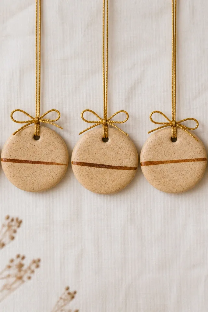 A row of small round salt dough ornaments, each with one thin line drawn across the face using cinnamon powder. The surface is warm tan with faint speckles, and each ornament hangs from matte gold twine tied in a simple bow.