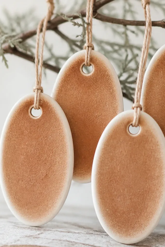 Oblong oval ornaments with a matte cinnamon-brown center and softly faded white edges. The hanger holes are centered near the top, and the ornaments look like tiny luggage tags.