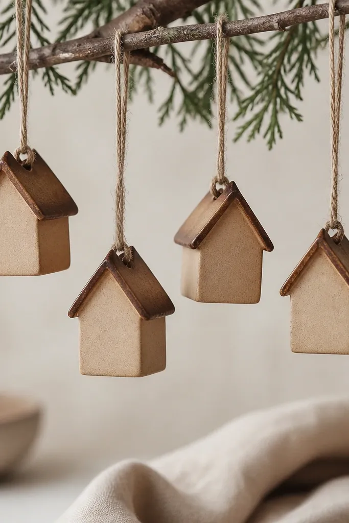 A set of miniature house-shaped ornaments with simple roof lines. The base is light cinnamon, and the roof edges are darker with a soft dry-brushed burnt tone. They hang from neutral twine.