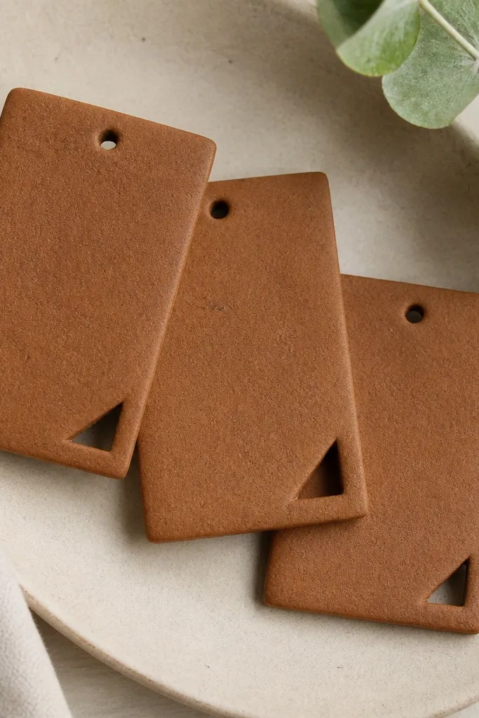 Rectangular ornaments with a tiny triangle cut out from one corner. The surface is evenly browned cinnamon with a smooth matte finish, and the hanger hole sits centered above the cutout.
