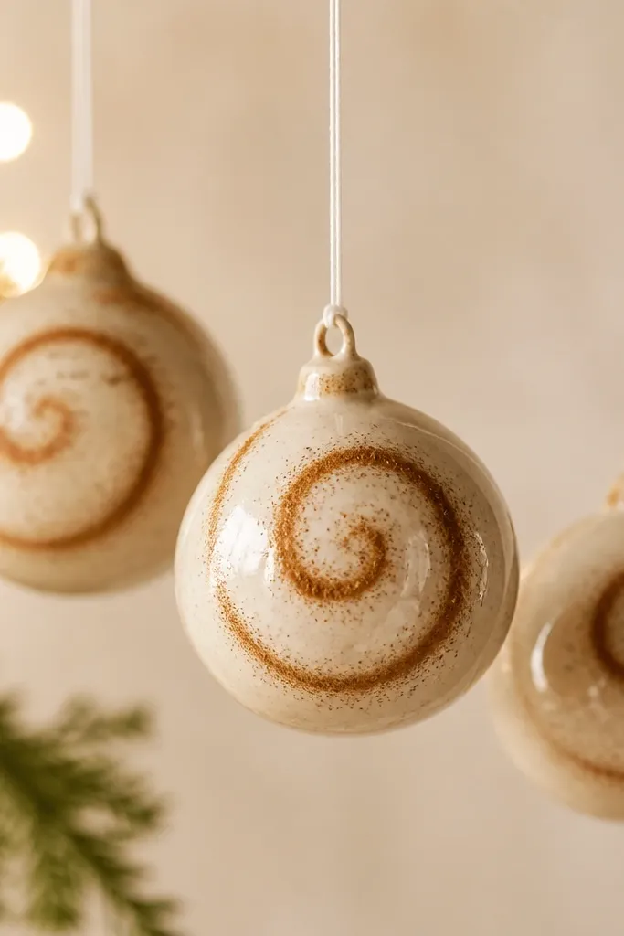Round ornaments with a single spiral swirl drawn on the surface in cinnamon powder. The finish is slightly glossy, reflecting warm light. Each one hangs on a thin white cord.