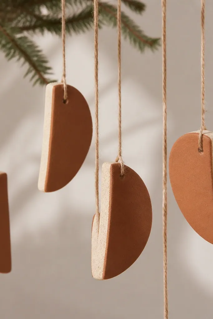 Half-moon shapes with one flat straight edge. The front face is cinnamon-brown; the back is left lighter and shows the natural dough texture. They hang from tan string.
