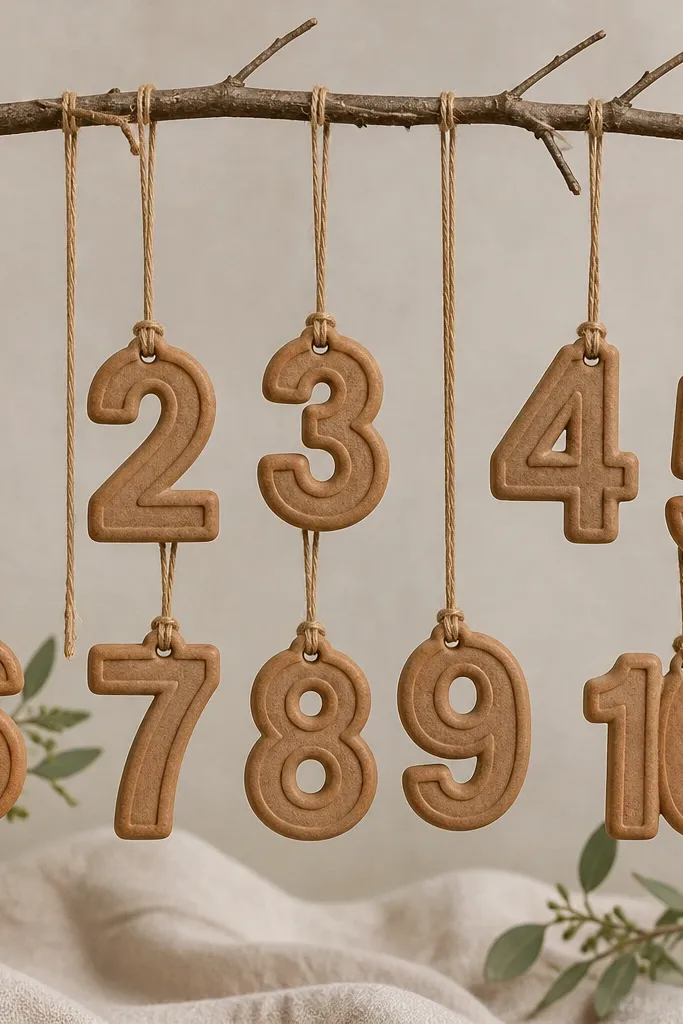Ten small ornaments shaped like the numbers 1 through 10, all in cinnamon-tan. Each number has a clean carved outline and hangs from matching twine.