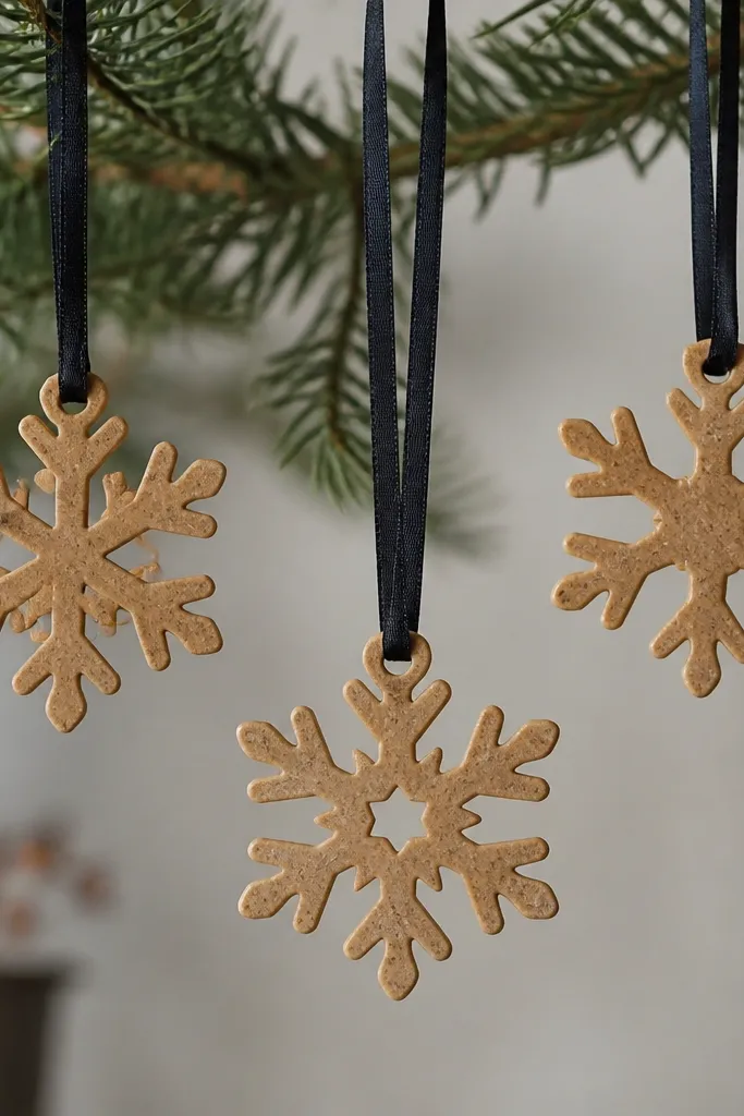 Small snowflake ornaments with crisp cut edges. The base is cinnamon-tan, and there are tiny black pepper speckles across the flat parts. They hang on thin black ribbon.