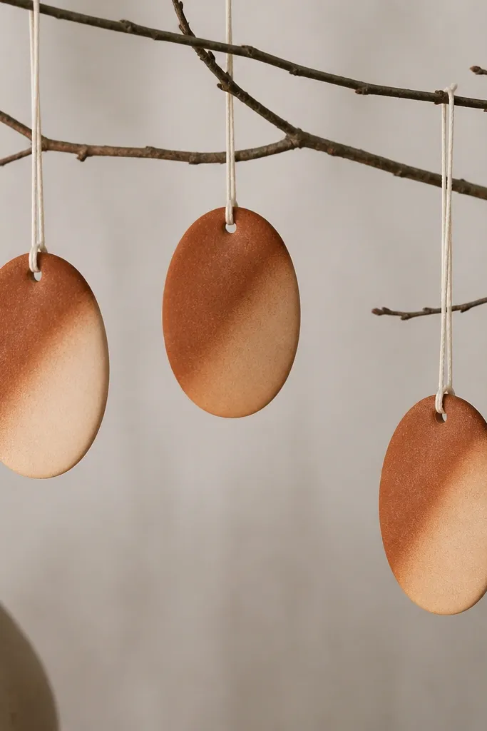 Oval ornaments where one side is darker cinnamon and the other side is lighter. The gradient looks like a soft diagonal wedge. They hang on cream-colored string.