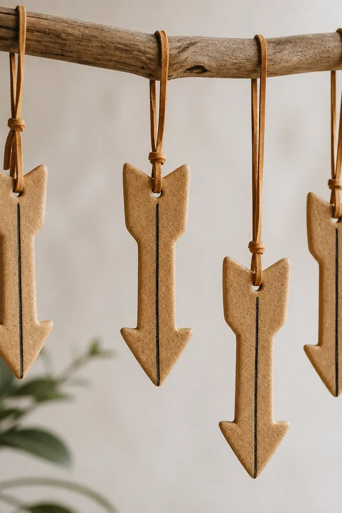 Arrow-shaped salt dough ornaments, cinnamon-tan with a single black ink line running down the center. The arrows hang on thin leather cord in tan.