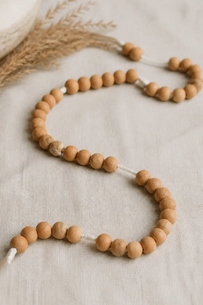 Dozens of small round salt dough beads, each with a light cinnamon finish. They're strung on white cotton twine in a long line, with a few beads spaced wider for rhythm.