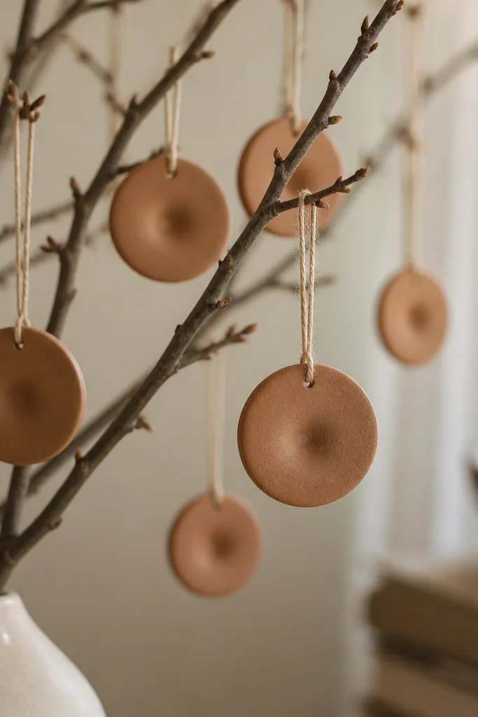 Small flat disc ornaments with a single shallow dent in the center of each piece. The discs are cinnamon-tan and hang from thin twine.