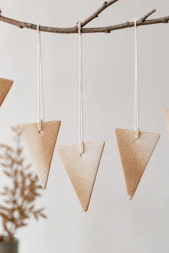 Triangle-shaped ornaments with a light cinnamon wash on one side, leaving the other side paler. They hang on white string and look like tiny pennants.