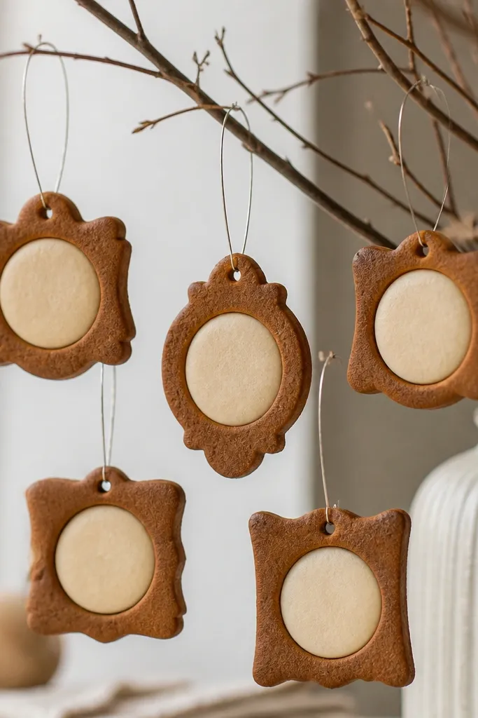 Frame-shaped ornaments like tiny picture frames. The outer ring is cinnamon-brown and the inner center is a lighter dough circle. The frames hang on thin wire loops.