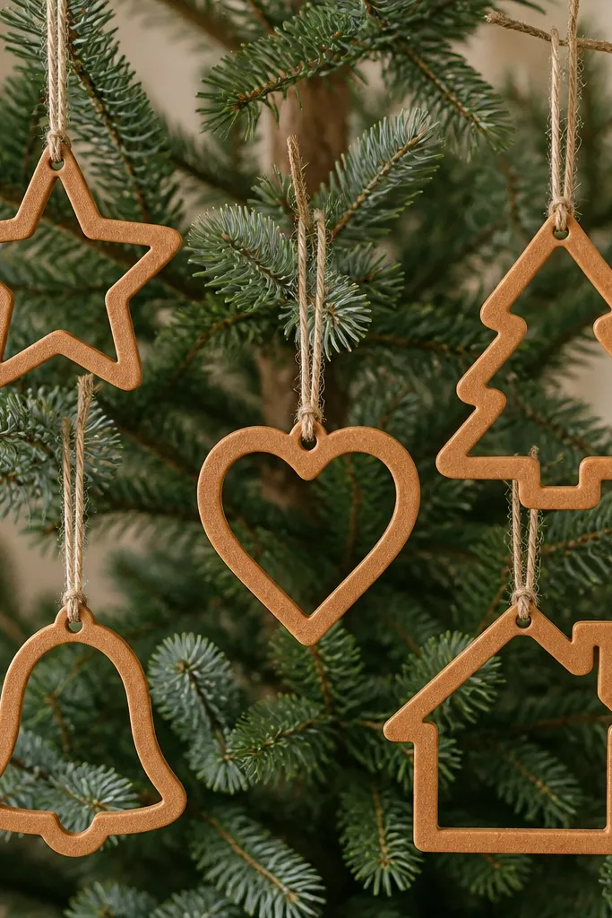 Cutout letter ornaments in cinnamon tan. Each letter has a hollow interior so the tree shows through the shape. The edges are crisp and the letters hang from thin twine.